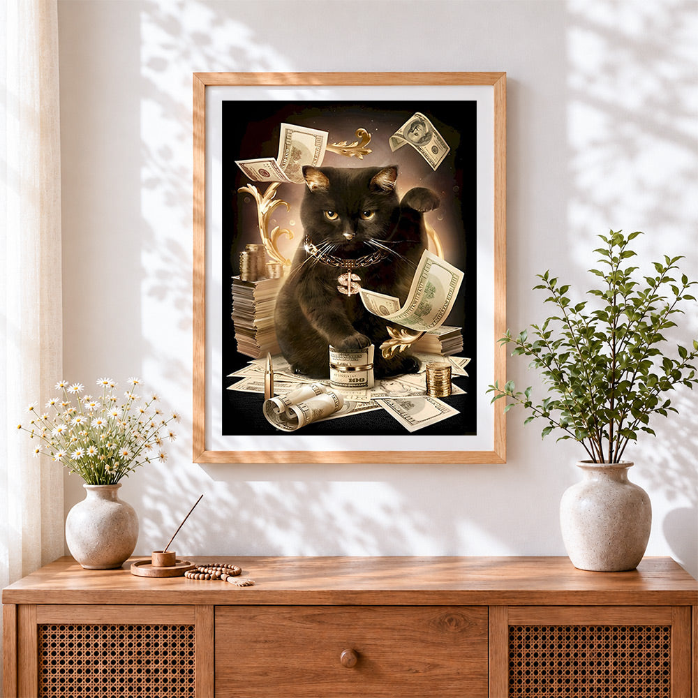 Finished rich black cat cross stitch artwork displayed