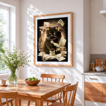 Rich black cat cross stitch artwork displayed on wall as home decor