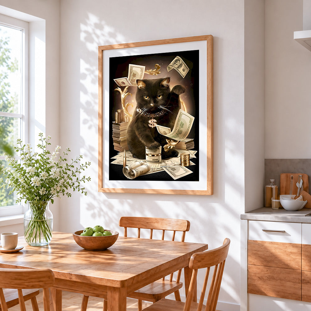 Rich black cat cross stitch artwork displayed on wall as home decor