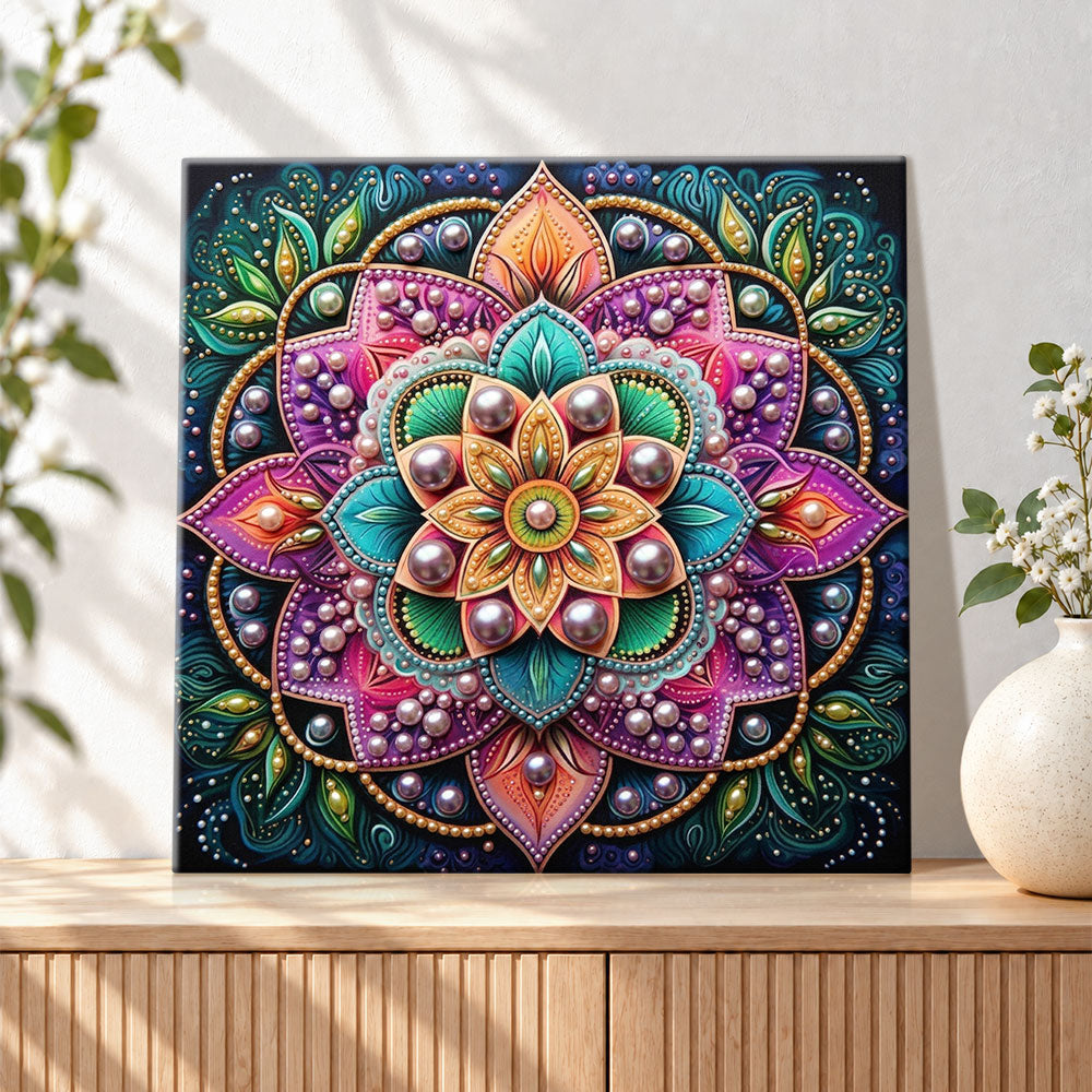 Finished rich coloured mandala bloom pearl diamond painting artwork displayed as holiday home decor