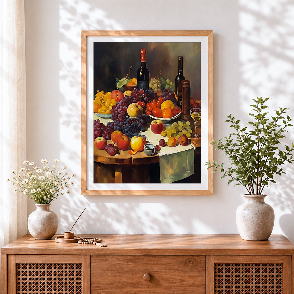 Finished rich dark fruit and wine still life cross stitch artwork displayed