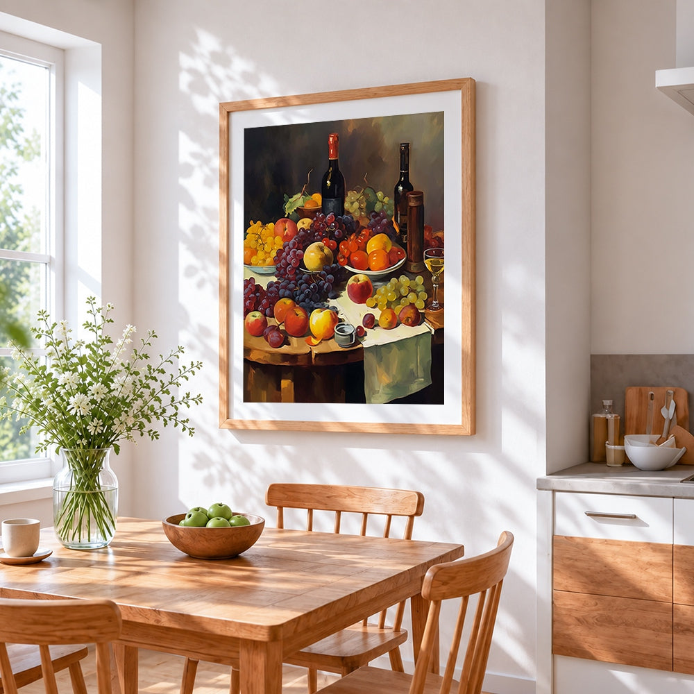 Rich dark fruit and wine still life cross stitch artwork displayed on wall as home decor