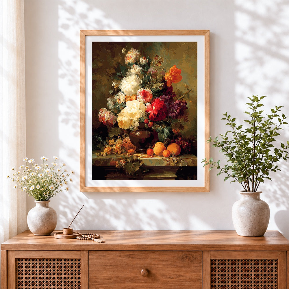 Finished rich floral still life with peaches cross stitch artwork displayed