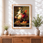 Finished rich floral still life with peaches cross stitch artwork displayed