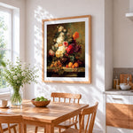 Rich floral still life with peaches cross stitch artwork displayed on wall as home decor