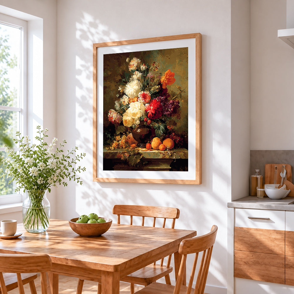 Rich floral still life with peaches cross stitch artwork displayed on wall as home decor