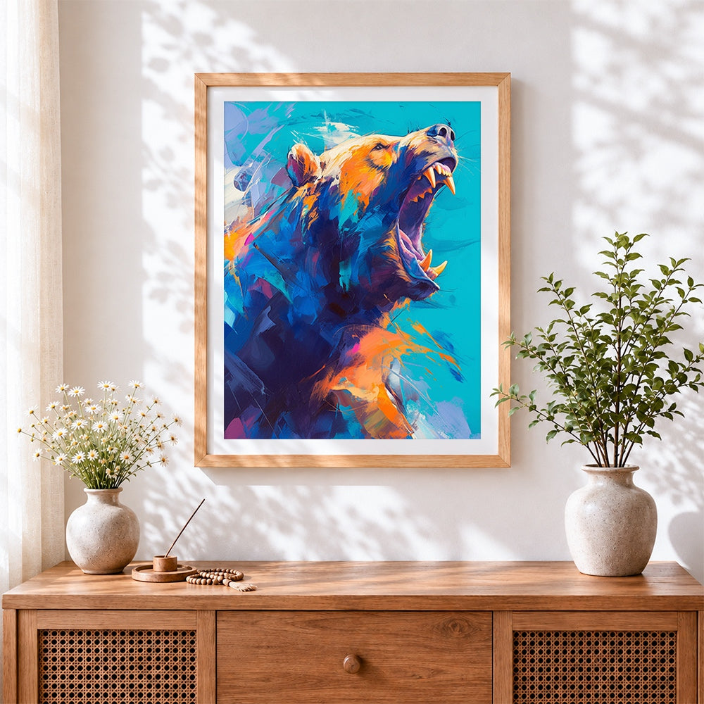 Finished roaring bear in abstract colours cross stitch artwork displayed