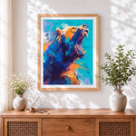 Finished roaring bear in abstract colours cross stitch artwork displayed