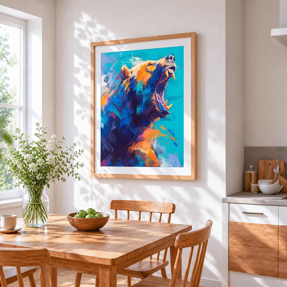 Roaring bear in abstract colours cross stitch artwork displayed on wall as home decor