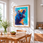 Roaring bear in abstract colours cross stitch artwork displayed on wall as home decor