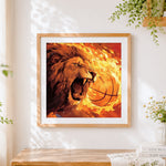 Finished roaring lion in flames cross stitch artwork displayed
