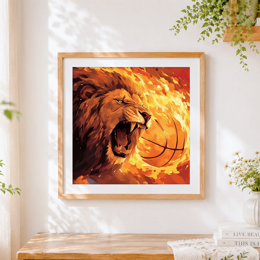 Finished roaring lion in flames cross stitch artwork displayed
