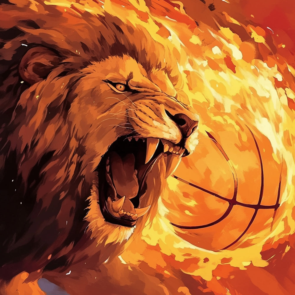 Roaring lion in flames cross stitch kit for beginners