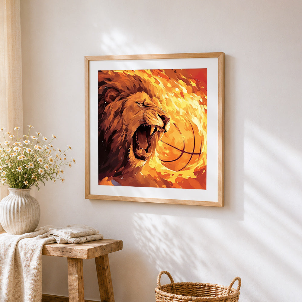 Roaring lion in flames cross stitch artwork displayed on wall as home decor