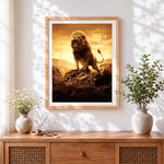 Finished roaring lion on rock cross stitch artwork displayed