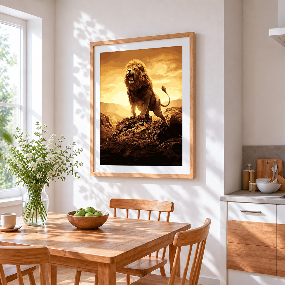 Roaring lion on rock cross stitch artwork displayed on wall as home decor
