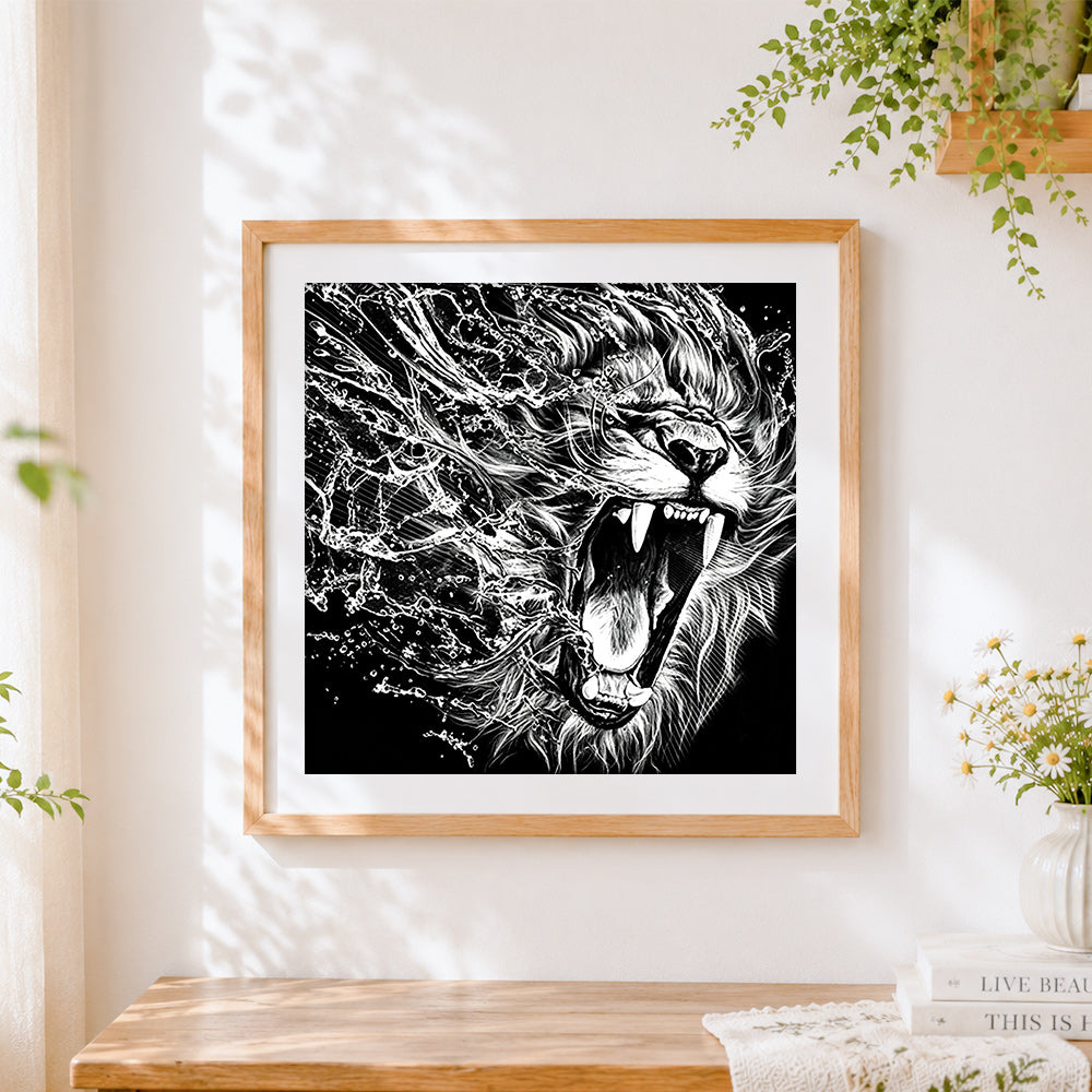 Finished roaring lion with water splash cross stitch artwork displayed