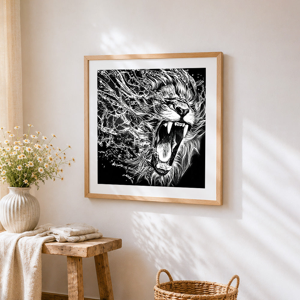 Roaring lion with water splash cross stitch artwork displayed on wall as home decor