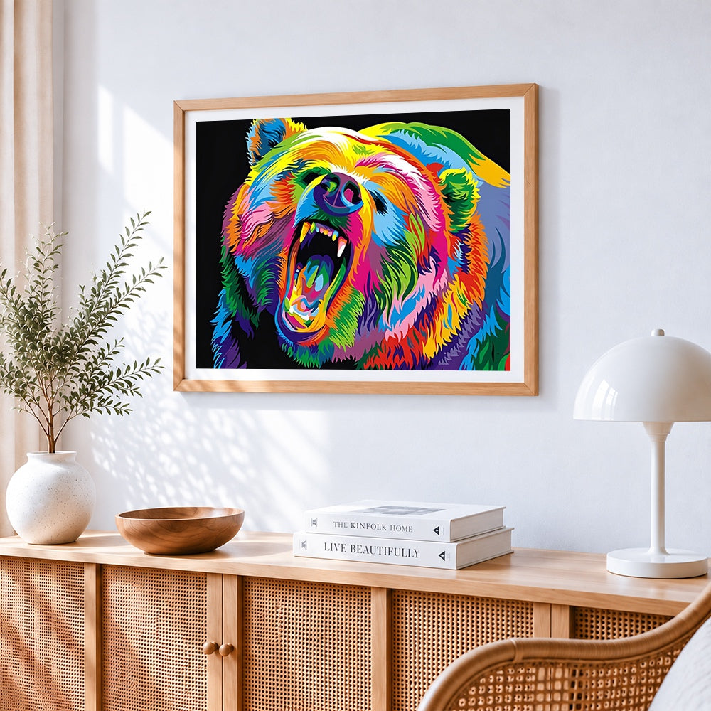 Roaring pop art rainbow bear cross stitch artwork displayed on wall as home decor