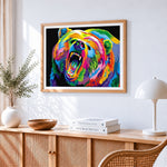 Roaring pop art rainbow bear cross stitch artwork displayed on wall as home decor