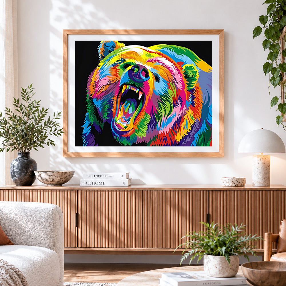 Finished roaring pop art rainbow bear paint by numbers artwork displayed as home decor