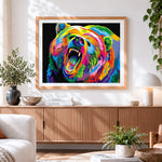 Finished roaring pop art rainbow bear paint by numbers artwork displayed as home decor