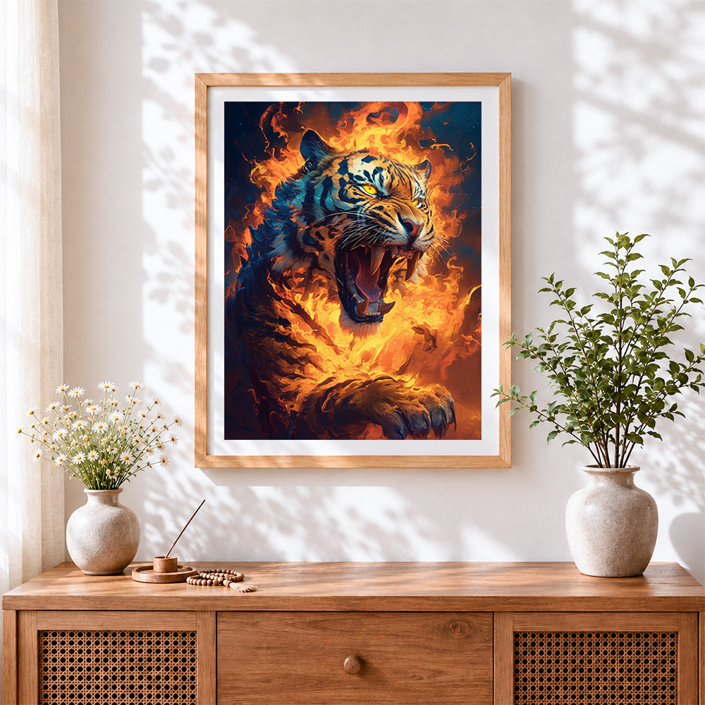 Finished roaring tiger in flames cross stitch artwork displayed