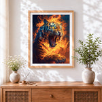 Finished roaring tiger in flames paint by numbers artwork displayed as home decor