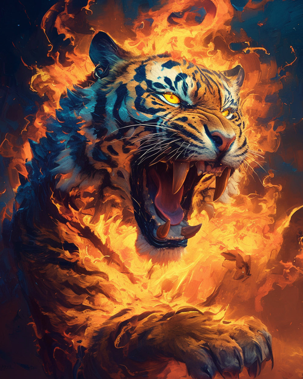 Roaring tiger in flames paint by numbers kit for beginners