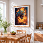 Roaring tiger in flames paint by numbers artwork displayed on wall as home decor