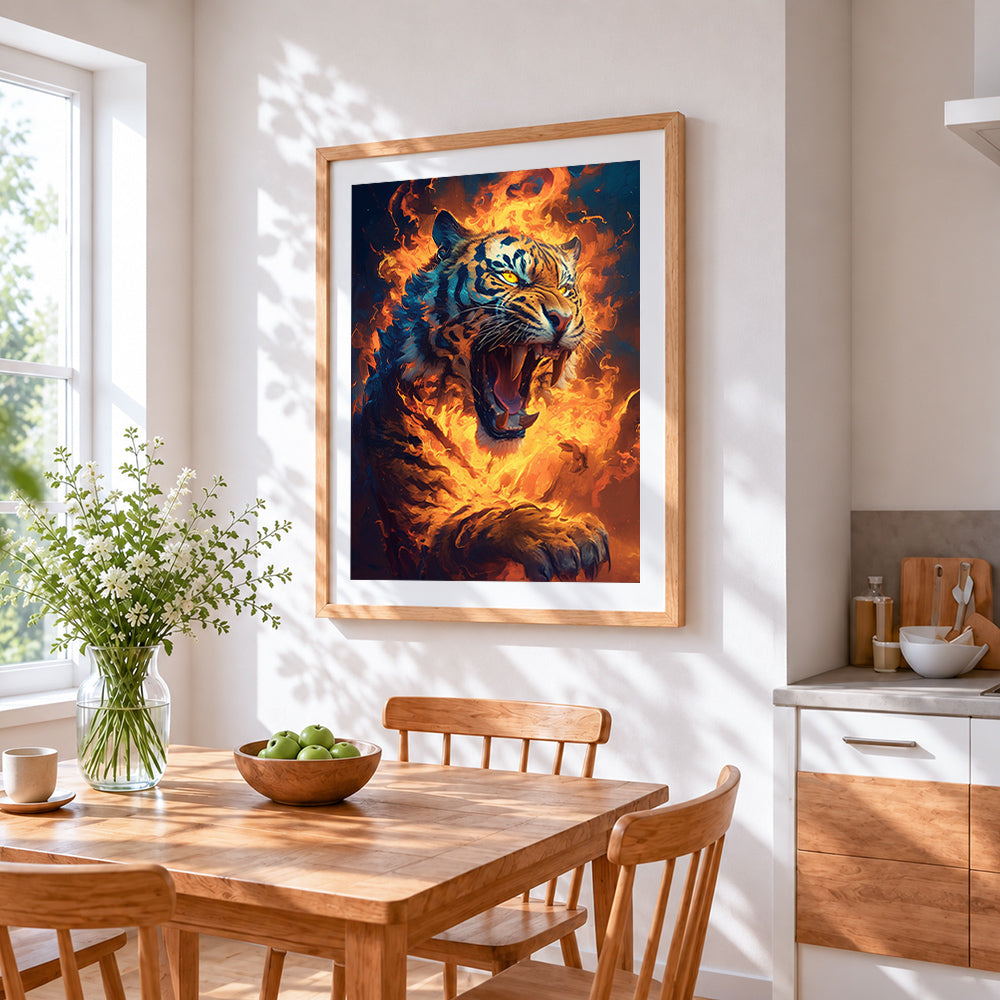 Roaring tiger in flames paint by numbers artwork displayed on wall as home decor