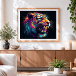 Finished roaring tiger pop art cross stitch artwork displayed