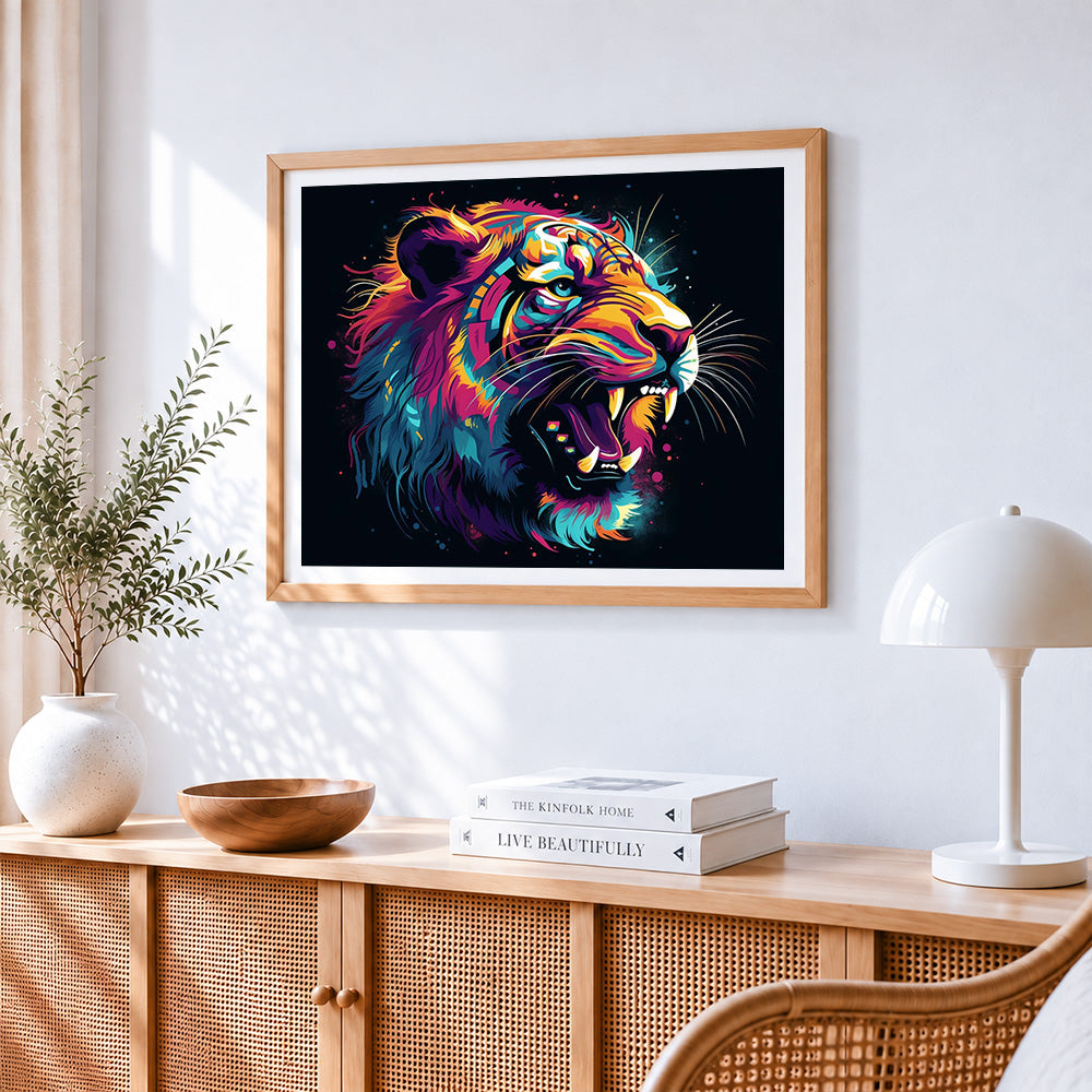 Roaring tiger pop art paint by numbers artwork displayed on wall as home decor