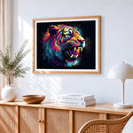 Roaring tiger pop art paint by numbers artwork displayed on wall as home decor