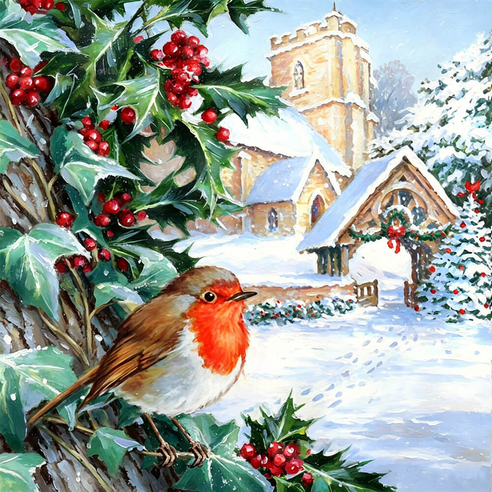 Robin and snowy church cross stitch kit for beginners