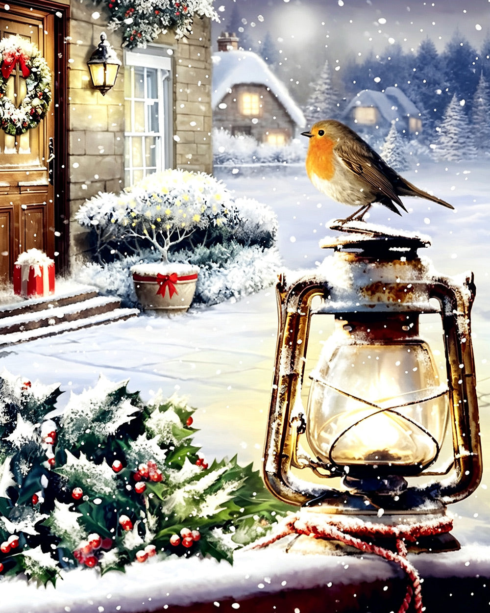 Robin and vintage lantern in the snow cross stitch kit for beginners
