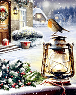 Robin and vintage lantern in the snow paint by numbers kit for beginners