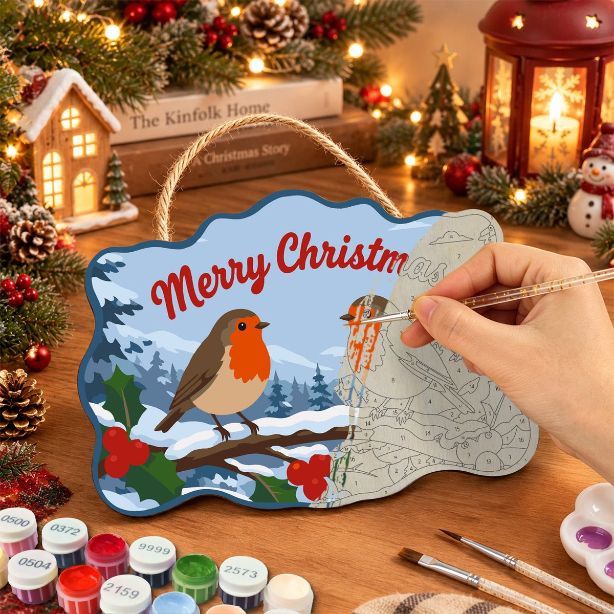 Robin birds merry christmas paint by numbers door hanger painting process