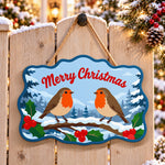 Robin birds merry christmas paint by numbers door hanger on a garden gate