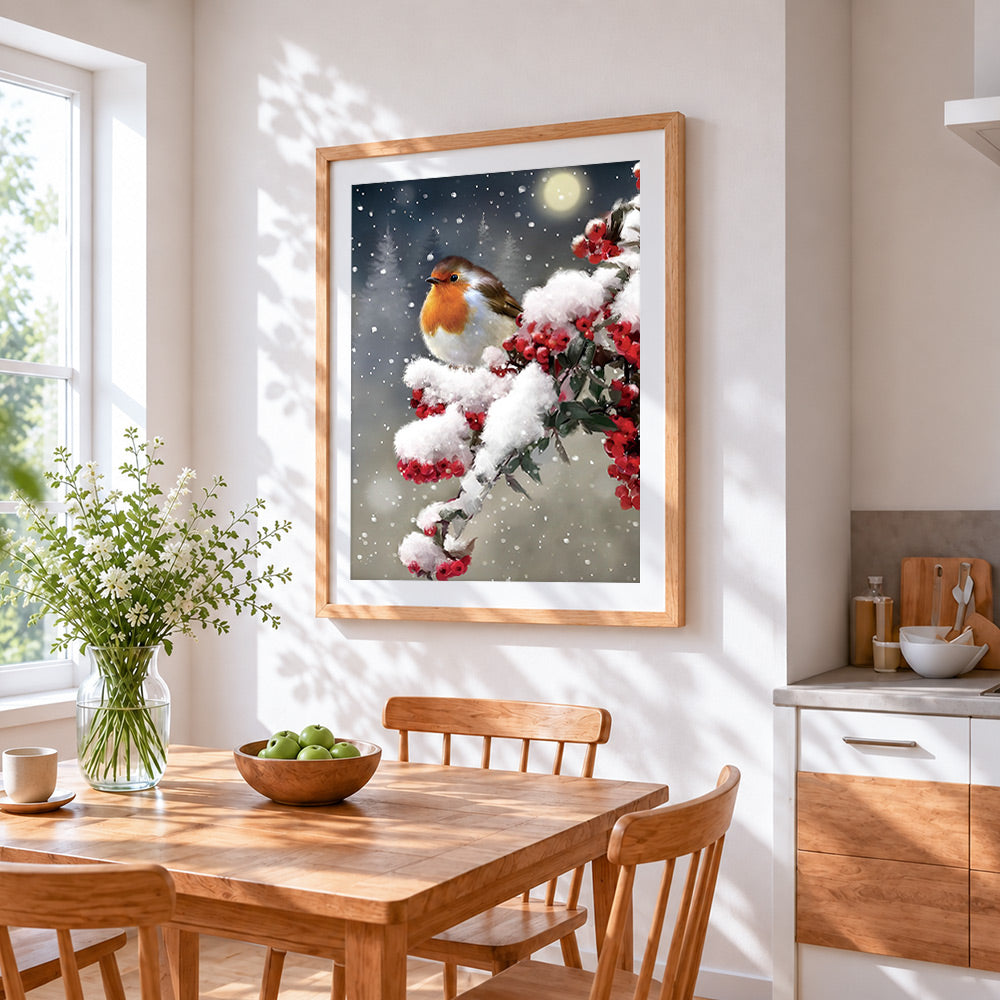 Robin in snow cross stitch artwork displayed on wall as home decor