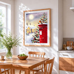 Robin on a red post box cross stitch artwork displayed on wall as home decor