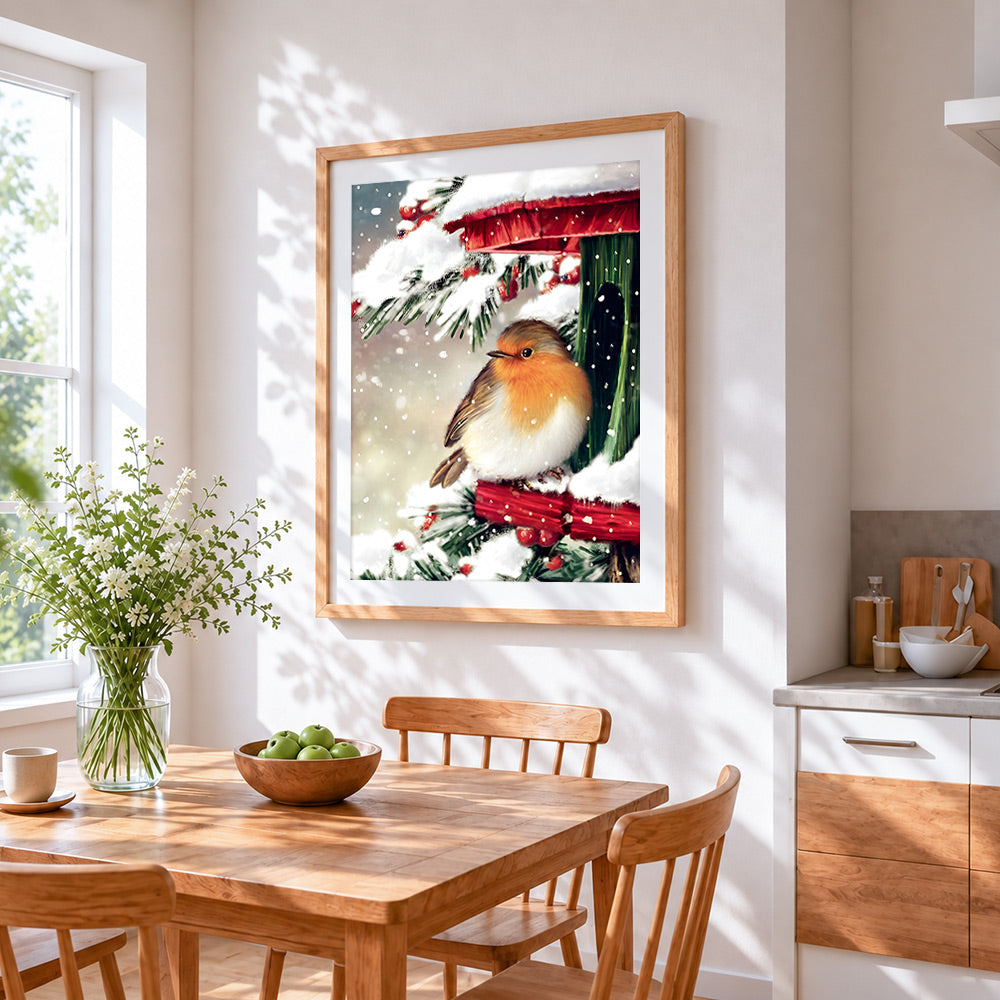 Robin on a snowy bird feeder cross stitch artwork displayed on wall as home decor
