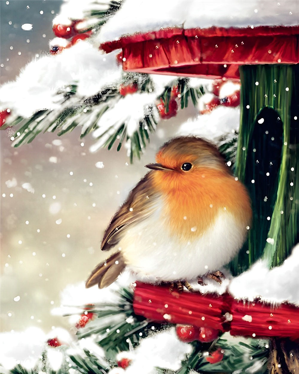 Robin on a snowy bird feeder paint by numbers kit for beginners