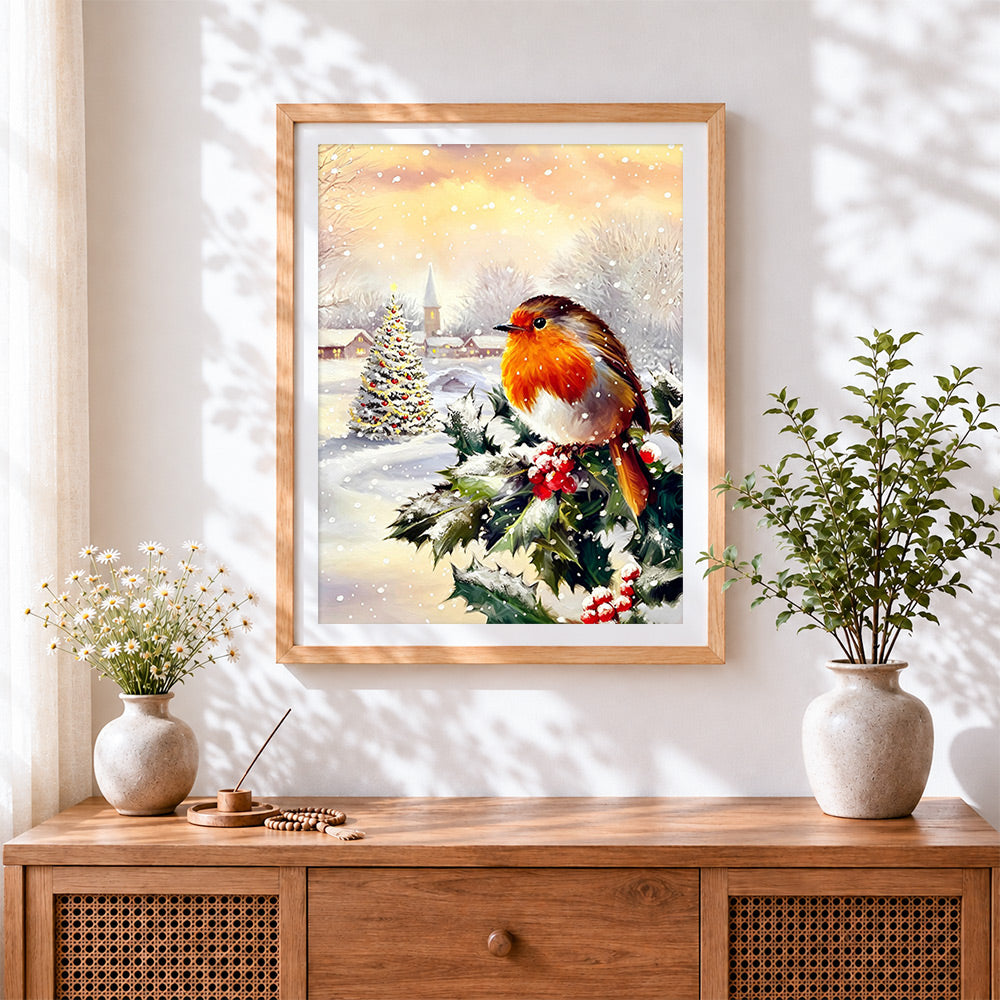 Finished robin on holly with a snowy church cross stitch artwork displayed