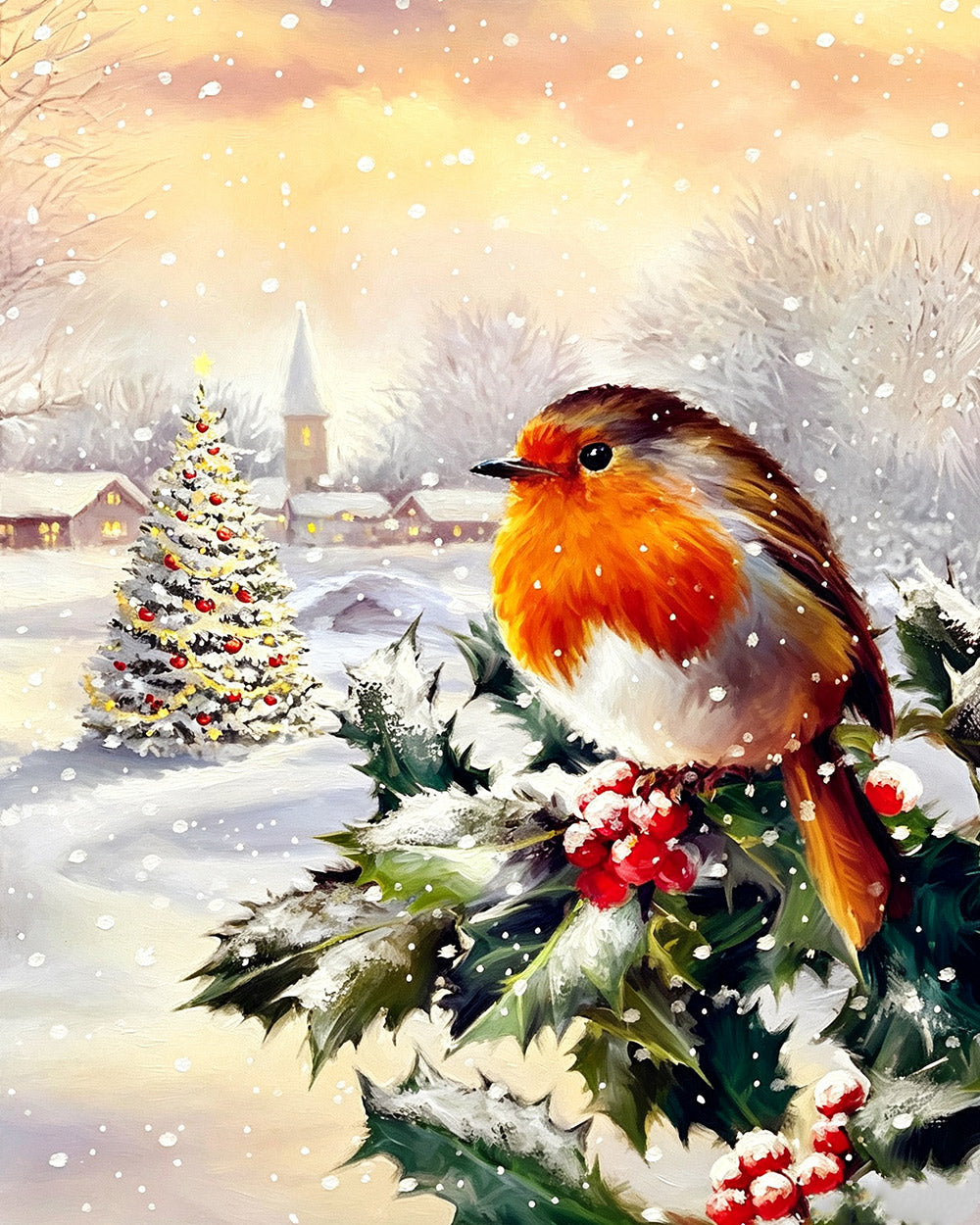 Robin on holly with a snowy church cross stitch kit for beginners