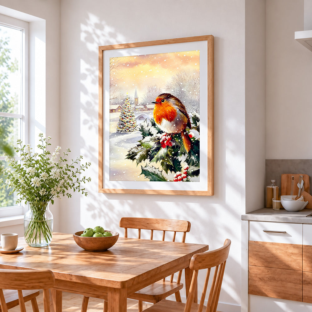 Robin on holly with a snowy church cross stitch artwork displayed on wall as home decor
