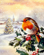 Robin on holly with a snowy church paint by numbers kit for beginners