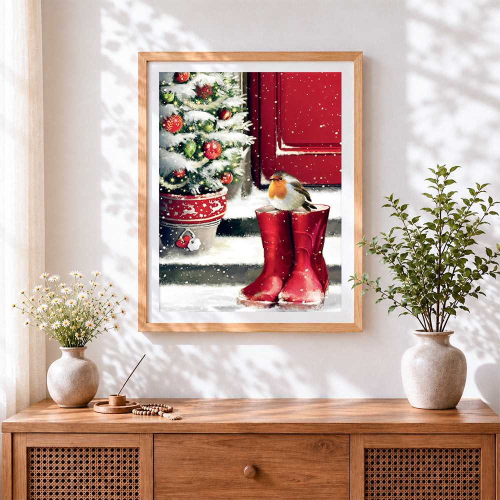 Finished robin on red wellies by a christmas tree cross stitch artwork displayed