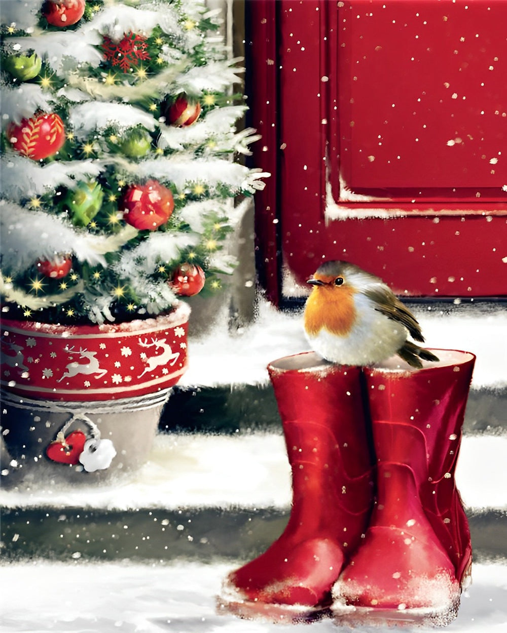 Robin on red wellies by a christmas tree cross stitch kit for beginners