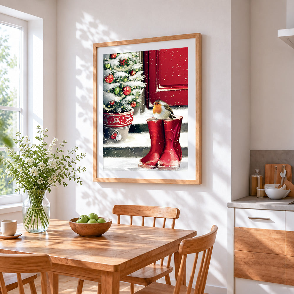 Robin on red wellies by a christmas tree cross stitch artwork displayed on wall as home decor